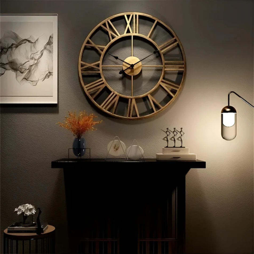 "Moderne grote wandklok met 3D-design, metalen afwerking en stijlvolle uitstraling, perfect voor woonkamer of kantoor."