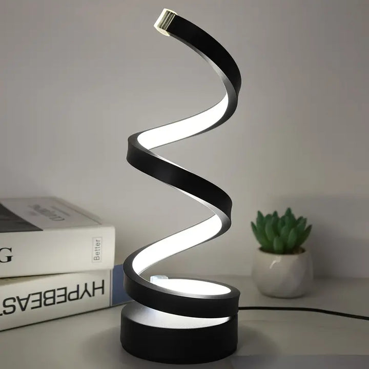 "Moderne spiraalvormige LED tafellamp met dimbare functie, zwart design, ideaal voor sfeervolle en functionele verlichting."