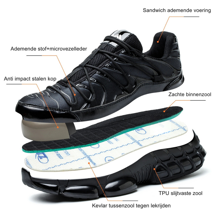 "Moderne veiligheidsschoenen met stalen neus, zwart ontwerp, ademend, antislip zool voor ultiem comfort en veiligheid."