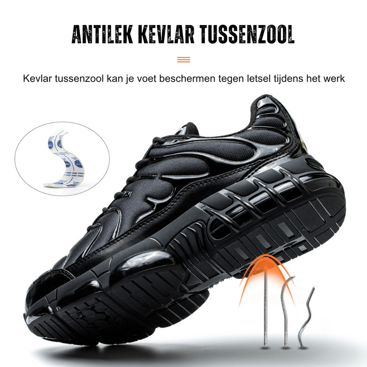 "Moderne veiligheidsschoenen met stalen neus, zwart ontwerp, ademend, antislip zool voor ultiem comfort en veiligheid."