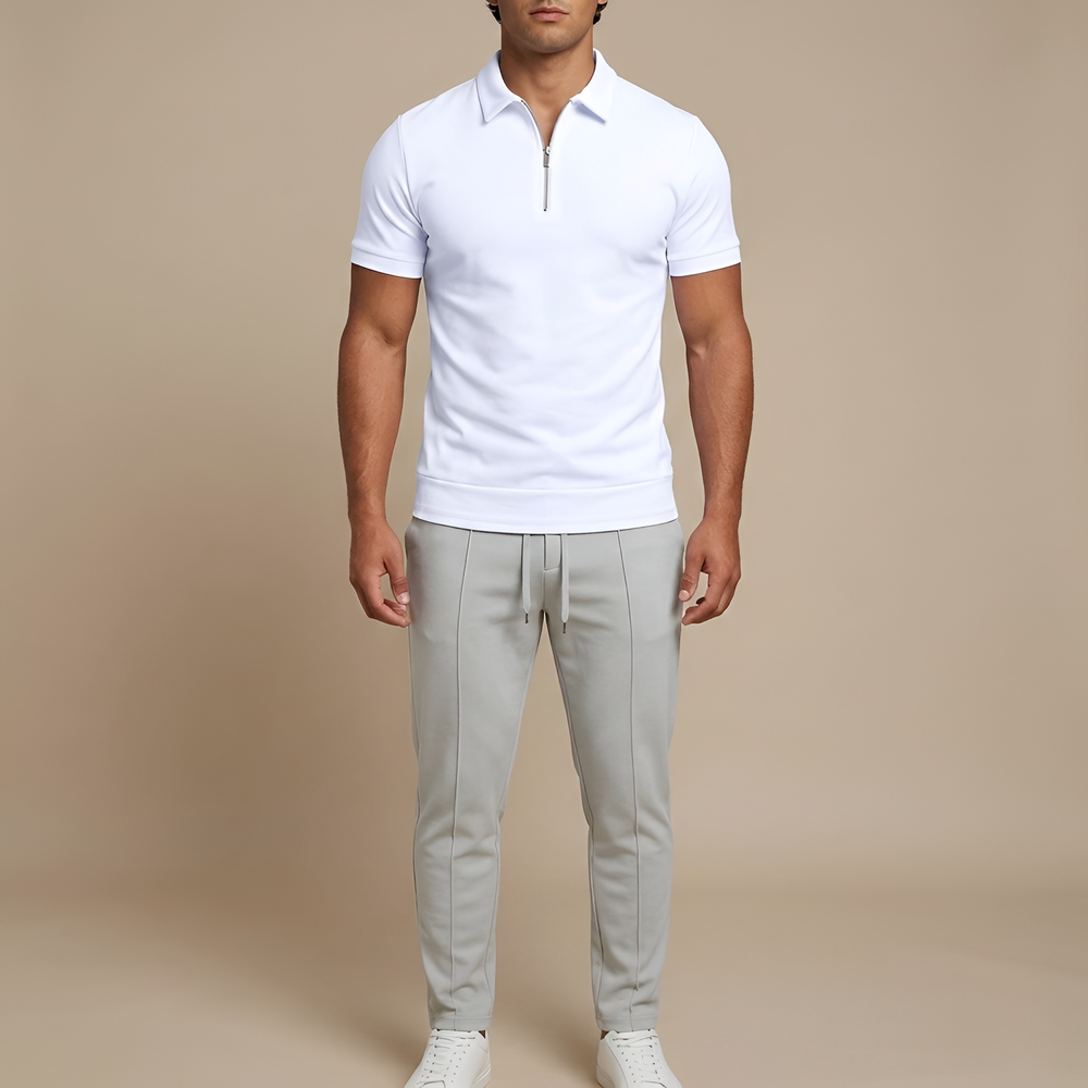 Elegante heren ritspolo, slim fit pasvorm, met korte mouwen, ideaal voor smart casual gelegenheden.