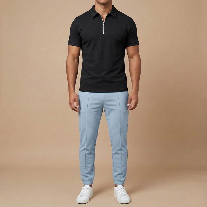 Hoogwaardige heren slim fit polo met ritskraag en korte mouw, ideaal voor de zomercollectie.