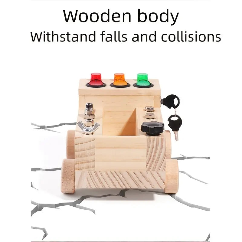 Gedetailleerd Montessori activiteitenbord met puzzel, tandwielen en klikkers; ideaal voor kleuters fijne motoriek.