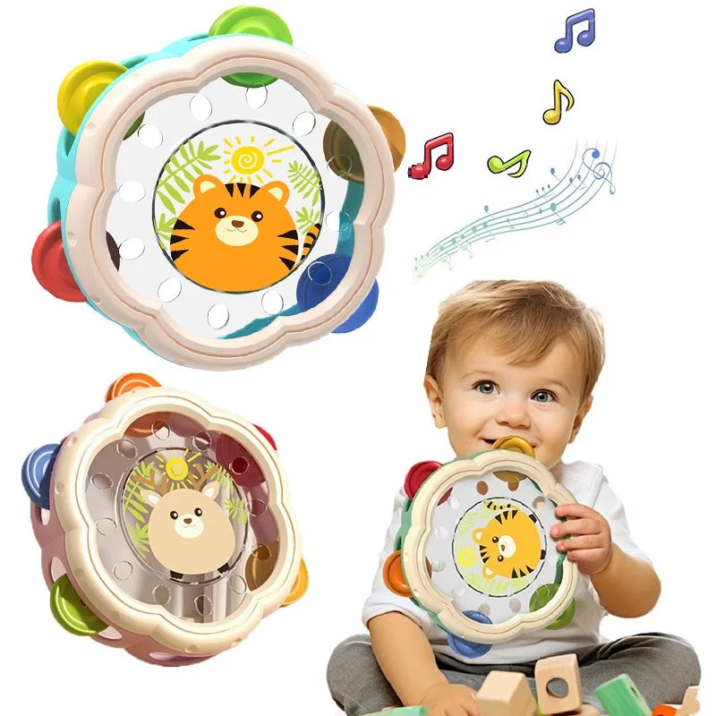 Montessori muziekinstrument set voor baby's, instrumenten in zachte kleuren, stimuleert creatieve expressie en motoriek.