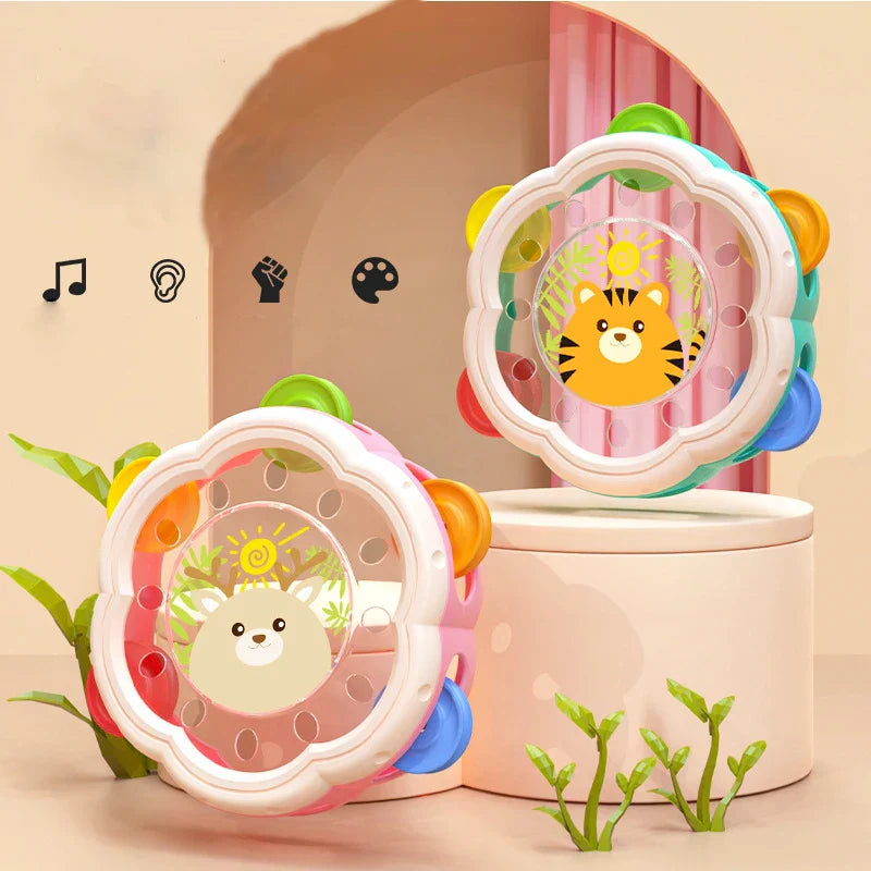 Montessori muziekinstrument set voor baby's, instrumenten in zachte kleuren, stimuleert creatieve expressie en motoriek.