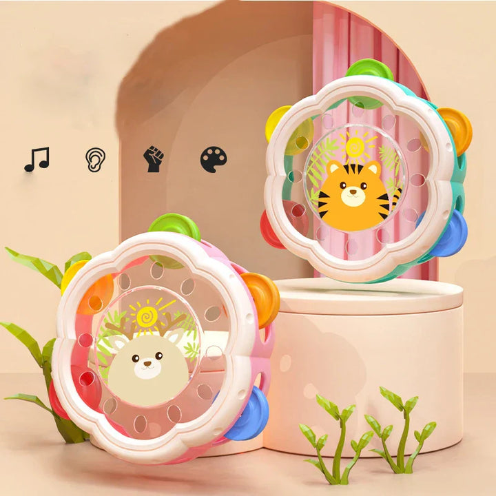 Montessori muziekinstrument set voor baby's, instrumenten in zachte kleuren, stimuleert creatieve expressie en motoriek.