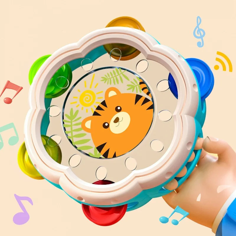 Montessori muziekinstrument set voor baby's, instrumenten in zachte kleuren, stimuleert creatieve expressie en motoriek.