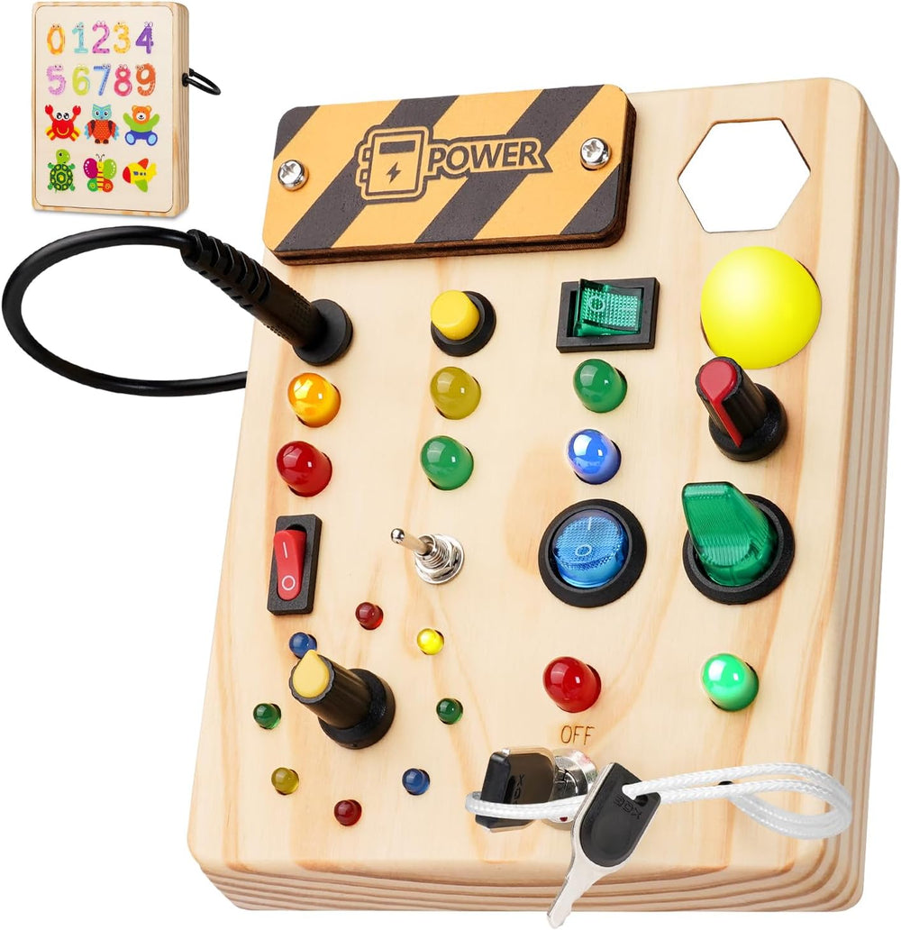 "Montessori Peuter Prikbord met kleurrijke schakelaars en LED-lichten, educatief speelgoed voor creatieve ontwikkeling."