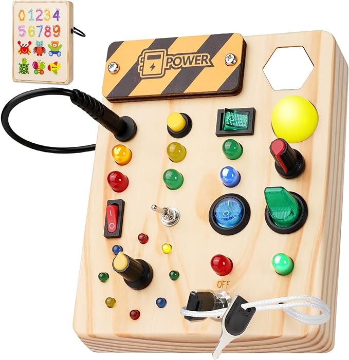 Montessori peuter prikbord met LED lichtjes voor zintuiglijke ontwikkeling en fijne motoriek bij kind.