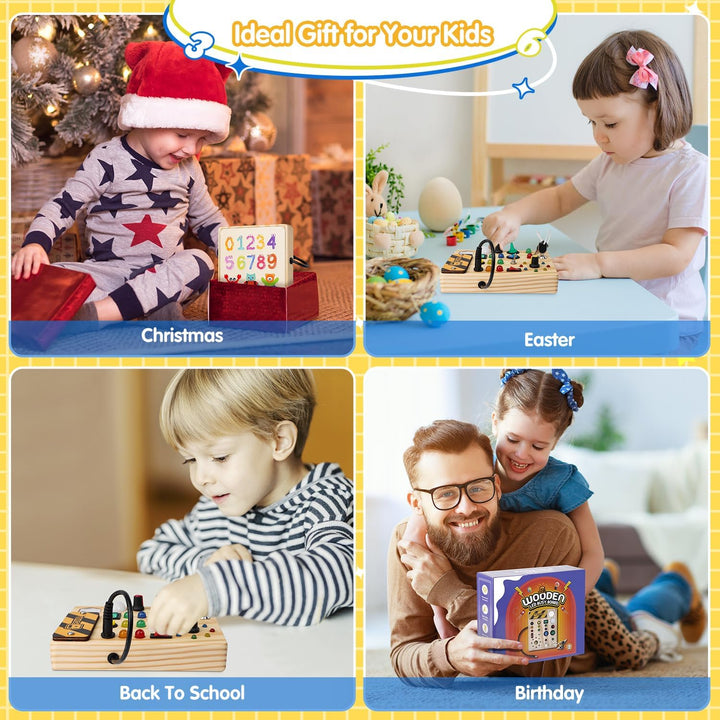 Montessori prikbord met LED lichtjes stimuleert interactief spel, motoriek en vroege kindontwikkeling.