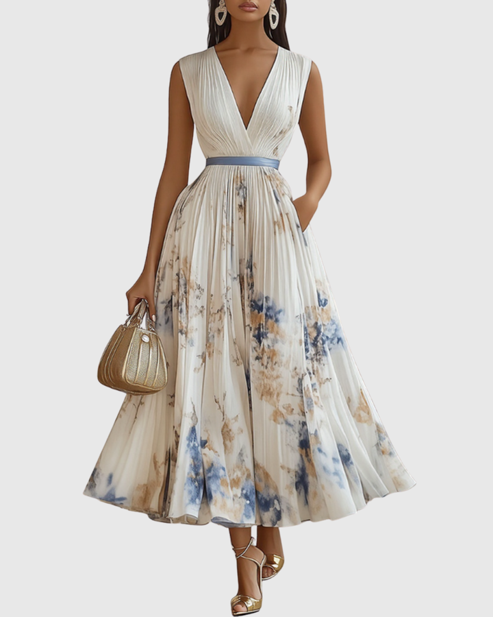 Elegante plissé maxi jurk met v-hals, ideaal als feestjurk of galajurk voor dames.
