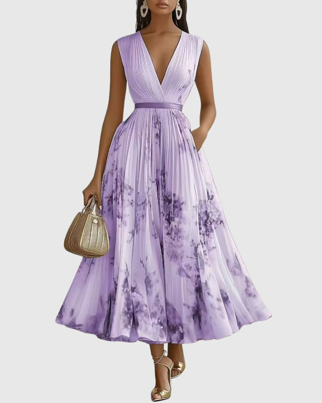 Bruiloftsjurk voor dames: mouwloze, lange maxi jurk met v-hals en zwierige plissé A-lijn.