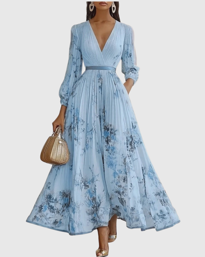 Dames elegante plissé maxi jurk met diepe v-hals en mouwloos ontwerp, perfecte pasvorm A-lijn.