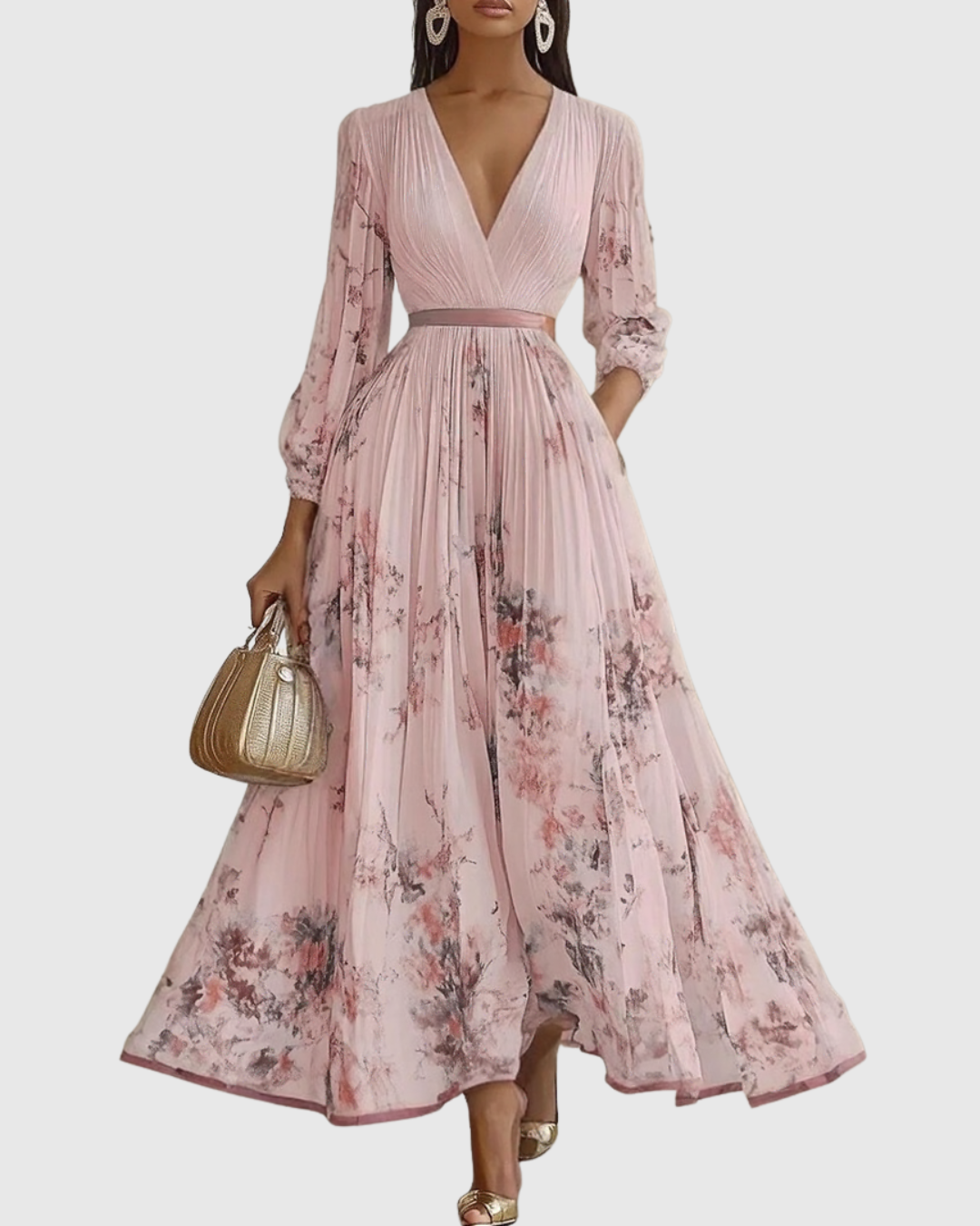 Chique dames maxi jurk: mouwloos, v-hals, plissé A-lijn. Ideaal als elegante feest- of zomerjurk.