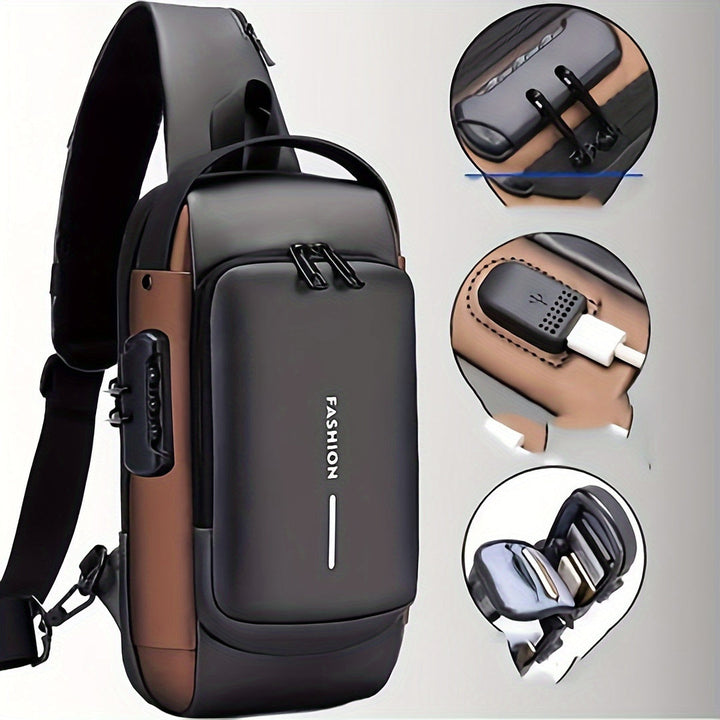 "Multifunctionele heren crossbodytas, donkergrijs, anti-diefstal functies, USB-poort, duurzame Oxford stof, avontuurlijk desi