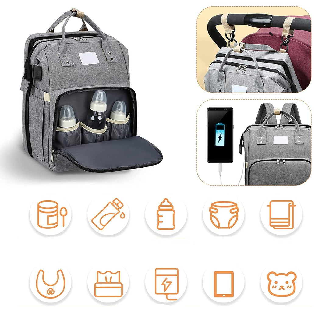 Luiertas met opvouwbaar babybed voor on-the-go verzorging; praktische rugzak voor ouders.
