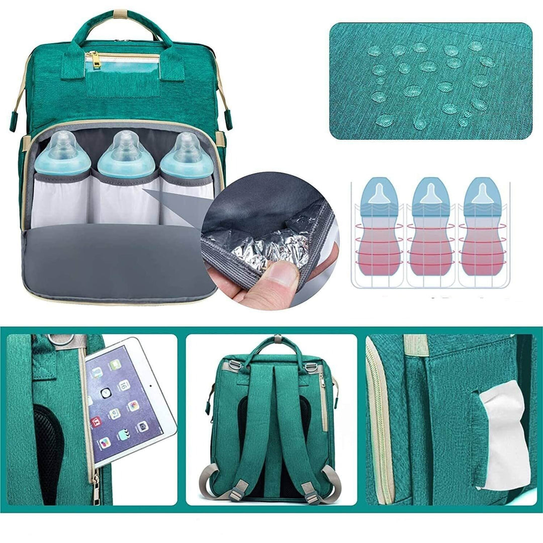 Veelzijdige baby luiertas rugzak met opvouwbaar reiswiegje, waterdicht en comfortabel voor je kind.