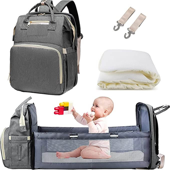 Luiertas rugzak met opvouwbaar wiegje, eenvoudig aan kinderwagen te bevestigen, waterdicht materiaal.