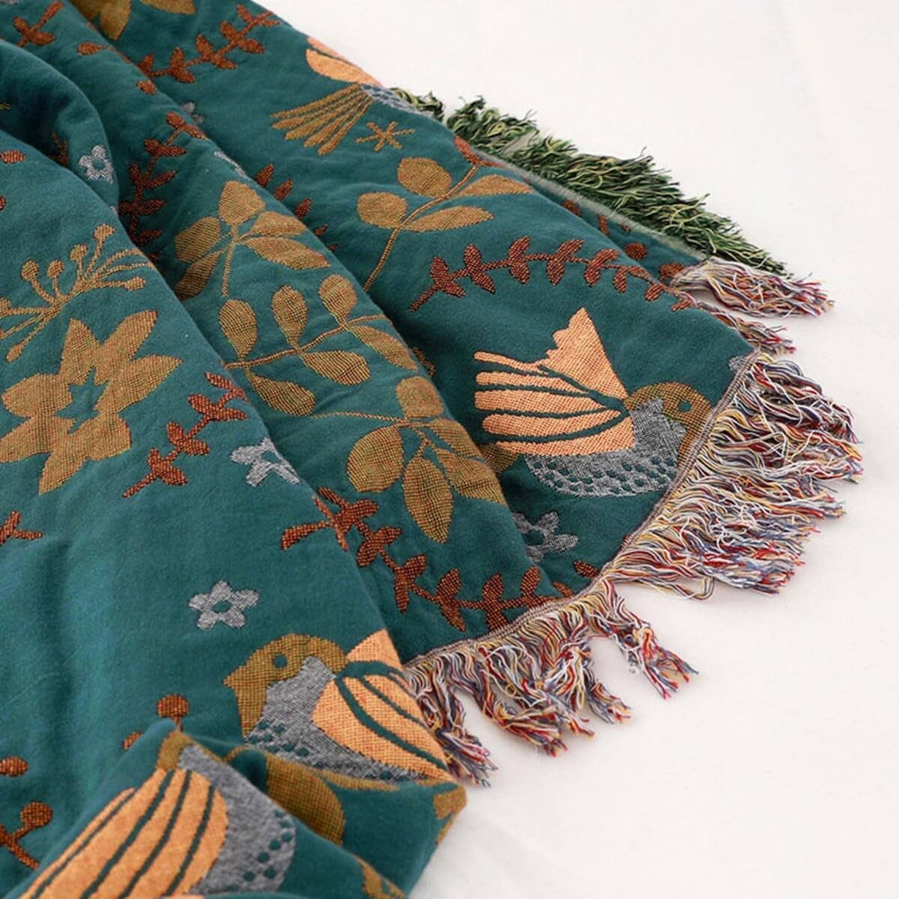 "Omkeerbare plaid deken met vogel- en sterrenpatroon, katoen, 200x230 cm, Scandinavische stijl, accessoire voor interieur."