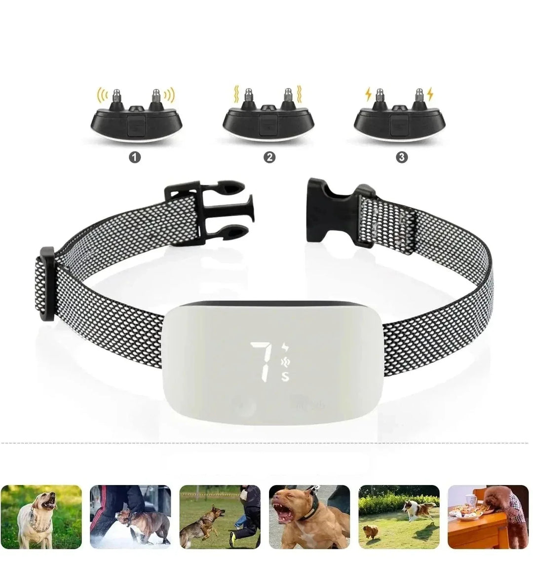 Zwarte anti-blaf halsband voor honden, ondersteunt humane gedragstraining, comfortabel en duurzaam design.