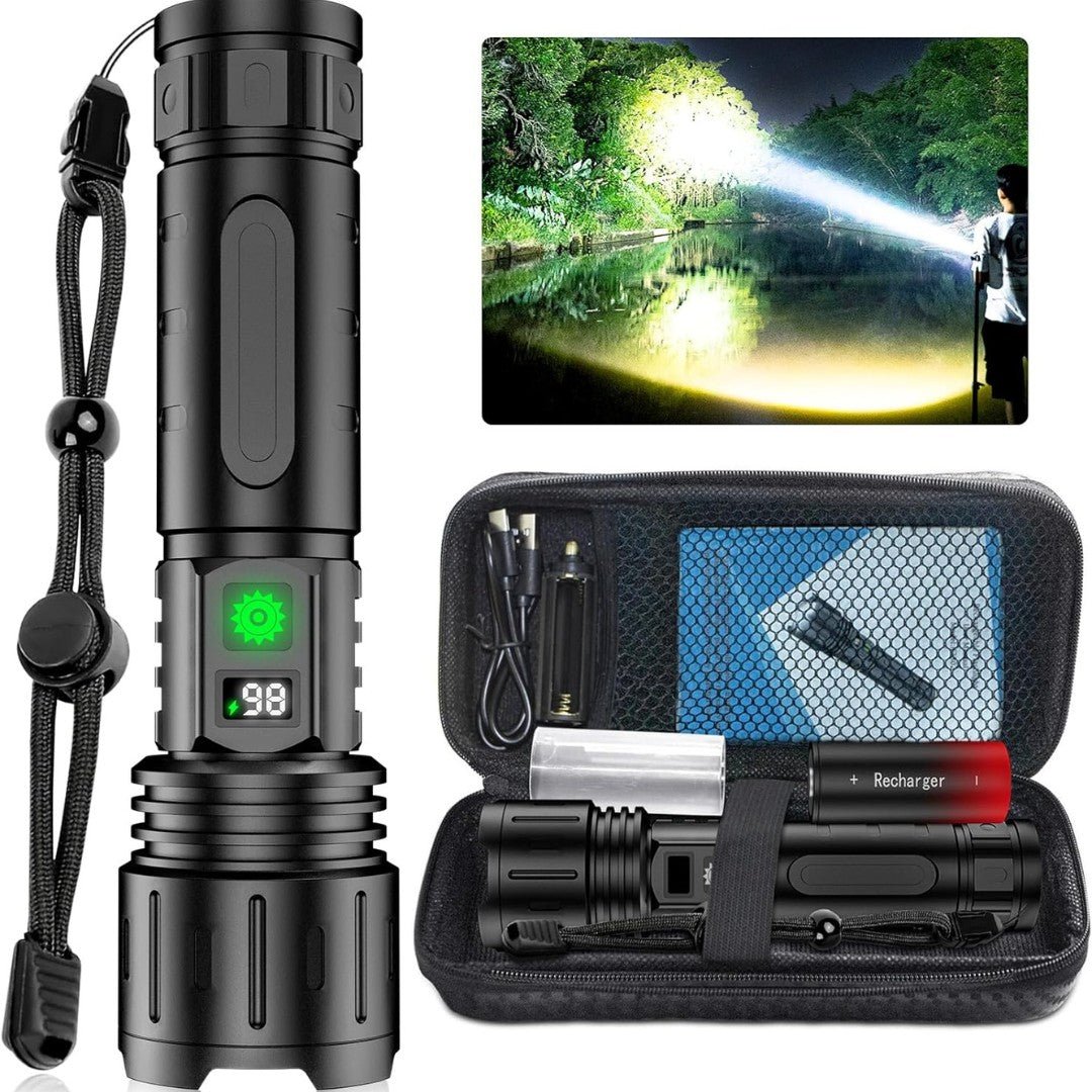 Oplaadbare LED zaklamp met powerbank, extreem helder voor outdoor, camping en noodsituaties.