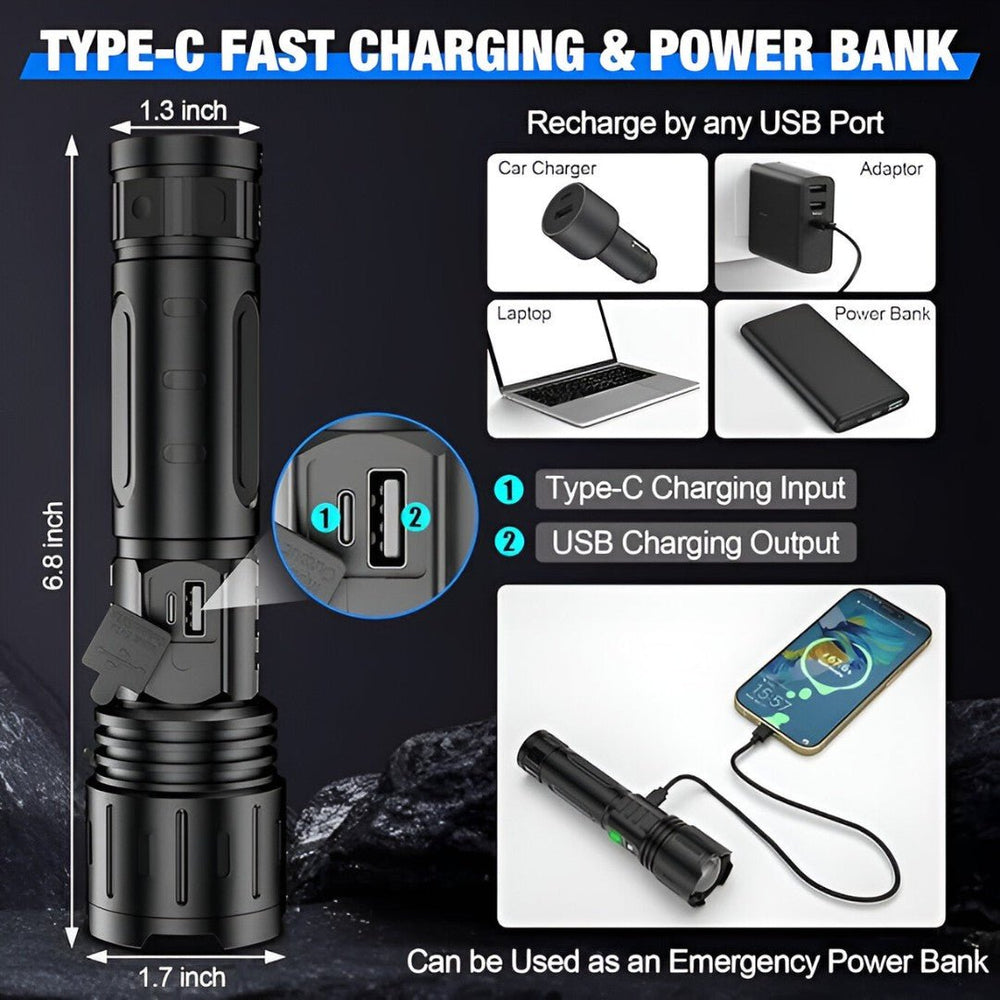 Robuuste tactische LED zaklamp, waterdicht en oplaadbaar, met handige powerbank functie voor outdoor gebruik.