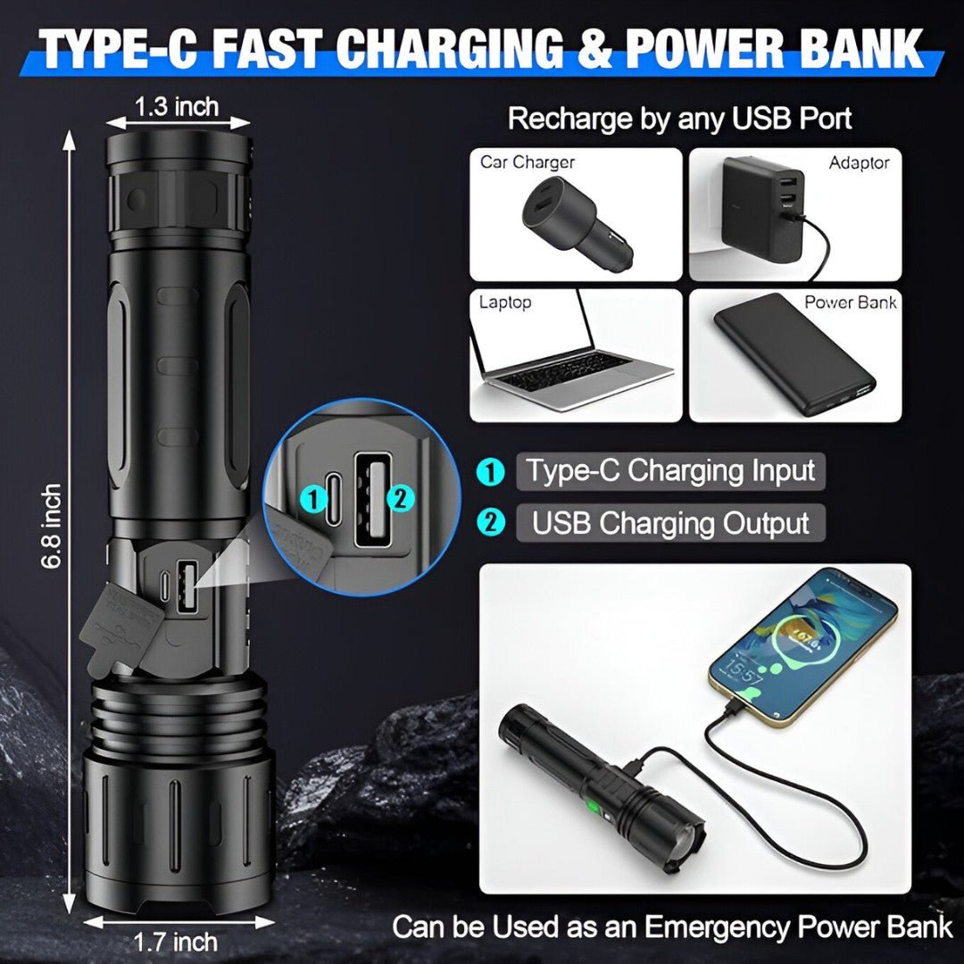 Robuuste tactische LED zaklamp, waterdicht en oplaadbaar, met handige powerbank functie voor outdoor gebruik.