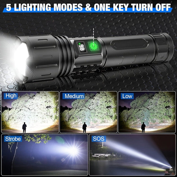 Veelzijdige LED zaklamp: oplaadbaar, helder licht en ingebouwde powerbank voor wandelen en noodsituaties.