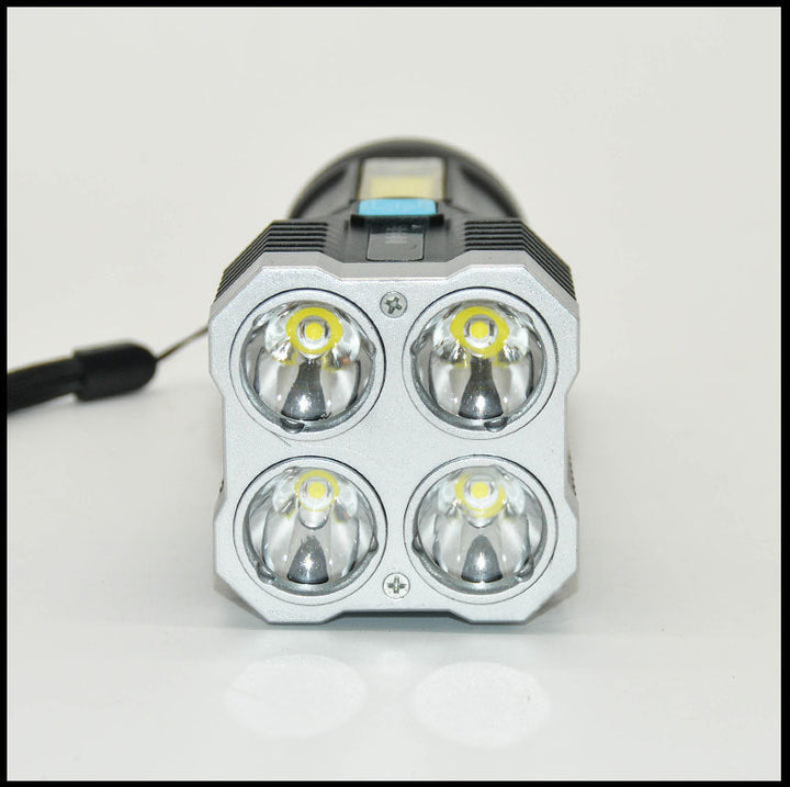 "Oplaadbare waterbestendige zaklamp met 4 krachtige LED's, compact ontwerp en meerdere lichtstanden voor buitengebruik."