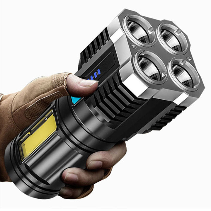 "Oplaadbare waterbestendige zaklamp met 4 krachtige LED's, compact ontwerp en meerdere lichtstanden voor buitengebruik."