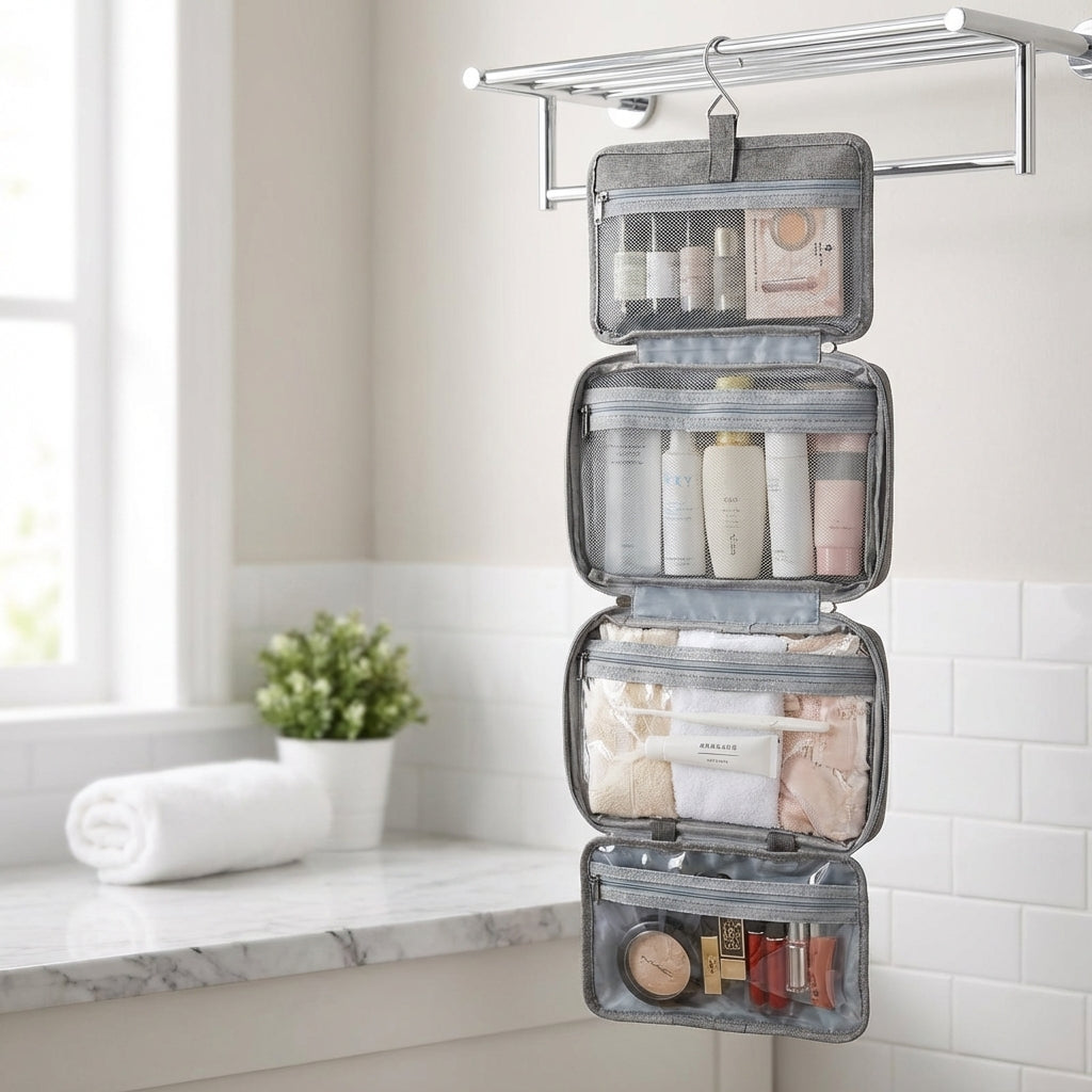 Opvouwbare reistoilettas met haak, ideaal voor cosmetica en toiletartikelen op reis of in de badkamer.