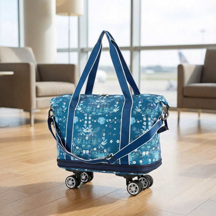 Opvouwbare rolduffel reistas GlideBag met wielen, compact en flexibel voor reizen, vakantie of weekendtas.