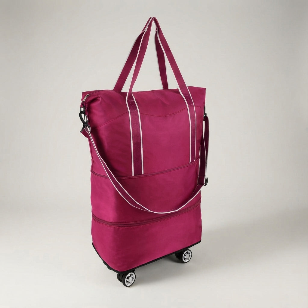Praktische handbagage koffer GlideBag, opvouwbare duffel reistas met wielen, perfect voor vliegvakanties.