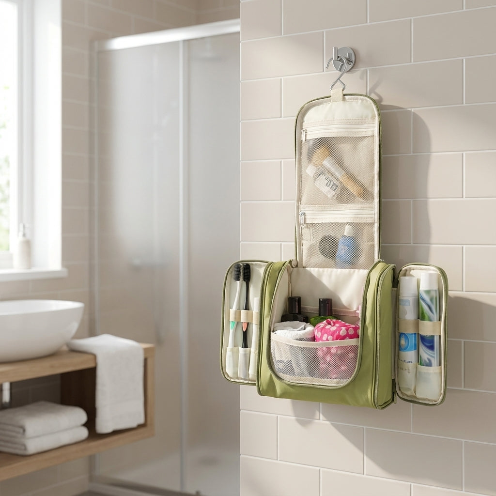 Opvouwbare toilettas met haak voor reizen, ideaal als compacte badkamer organizer.