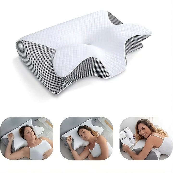 Ergonomisch Mayer kussen, traagschuim voor comfortabele slaap, vermindert nek- en rugpijn, verbetert houding.
