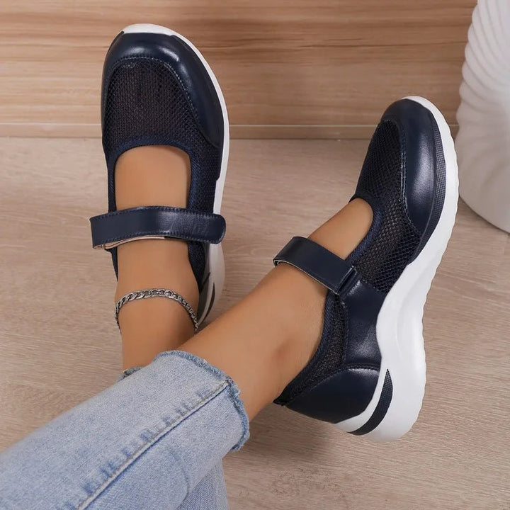 "Orthopedische damesschoenen slip-on, ademend stof, lichtgewicht, schokabsorberende anti-slip zool, casual elegant ontwerp."