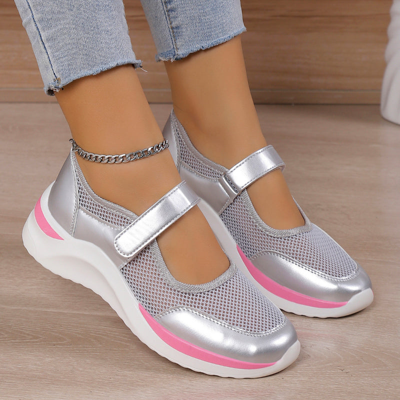 "Orthopedische damesschoenen slip-on, ademend stof, lichtgewicht, schokabsorberende anti-slip zool, casual elegant ontwerp."