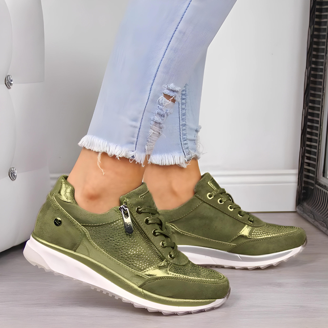 "Orthopedische dameswandelschoenen, stijlvolle grijze sneakers met goede ondersteuning en duurzaam materiaal."