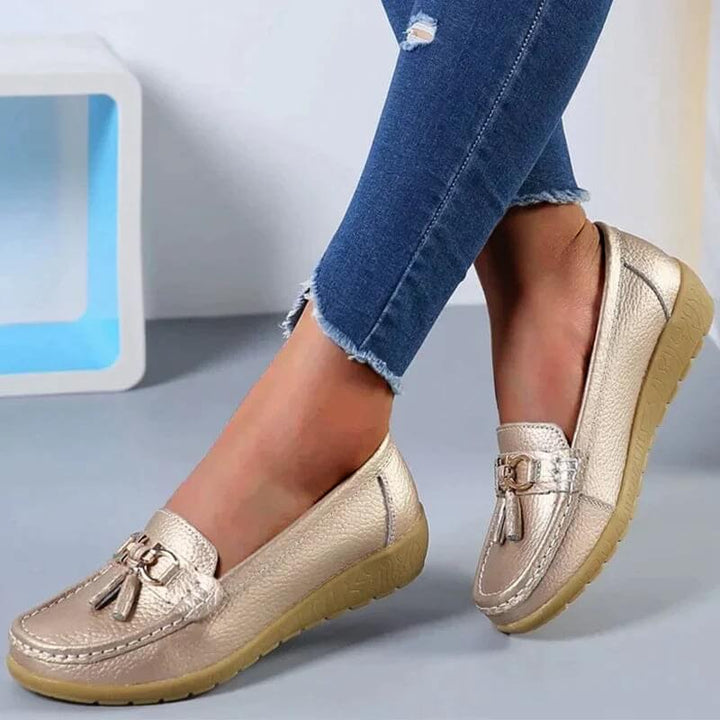 "Orthopedische leren loafers, klassiek design, comfortabel ademend leer, elegante damesloafers voor dagelijks gebruik."