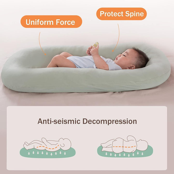 "Pastel baby lounger kussen van zacht katoen, veilige nest voor baby's 0-24 maanden, ademend en ergonomisch ontwerp."
