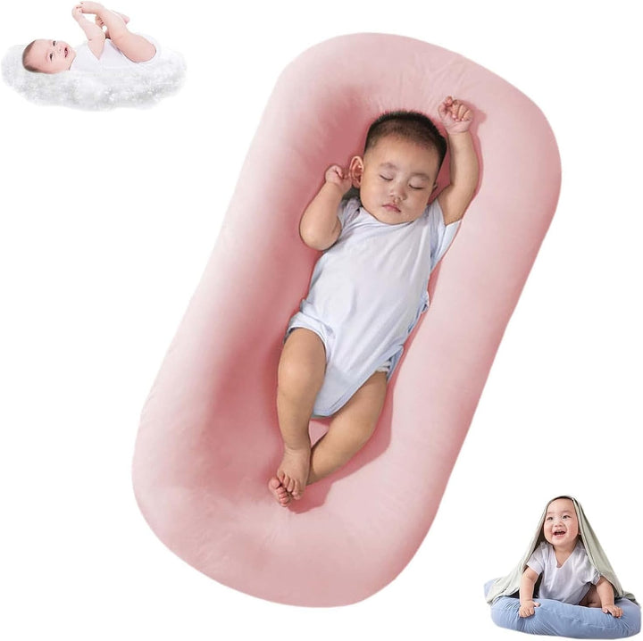 "Pastel baby lounger kussen van zacht katoen, veilige nest voor baby's 0-24 maanden, ademend en ergonomisch ontwerp."