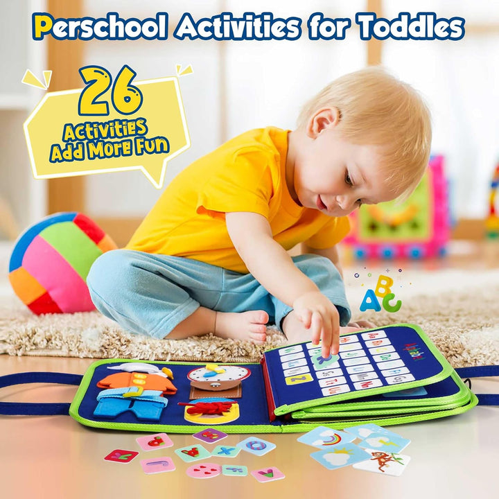 Peuter Montessori Drukbord speelgoed, educatief activiteitenboek voor kinderen, kleurrijk en veelzijdig leren en spelen.