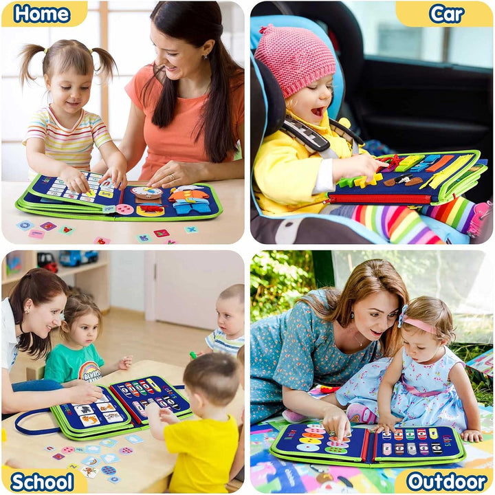 Peuter Montessori Drukbord speelgoed, educatief activiteitenboek voor kinderen, kleurrijk en veelzijdig leren en spelen.
