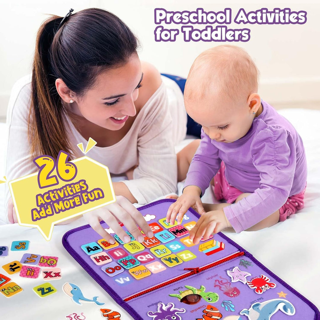 Peuter Montessori Drukbord speelgoed, educatief activiteitenboek voor kinderen, kleurrijk en veelzijdig leren en spelen.