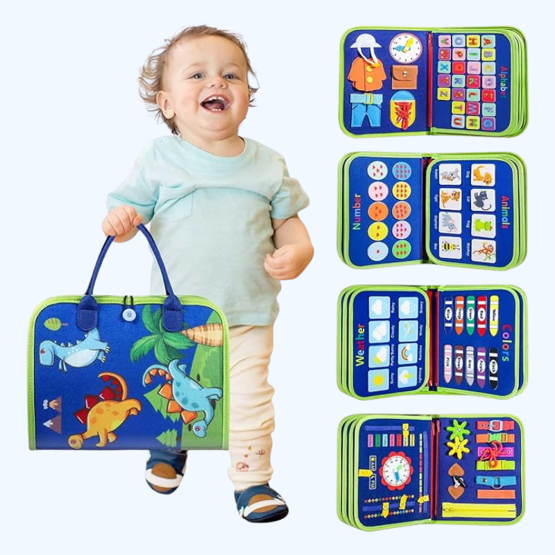 Peuter Montessori Drukbord speelgoed, educatief activiteitenboek voor kinderen, kleurrijk en veelzijdig leren en spelen.