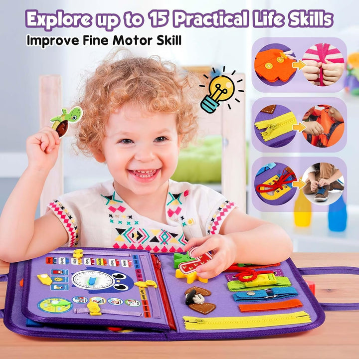 Peuter Montessori Drukbord speelgoed, educatief activiteitenboek voor kinderen, kleurrijk en veelzijdig leren en spelen.