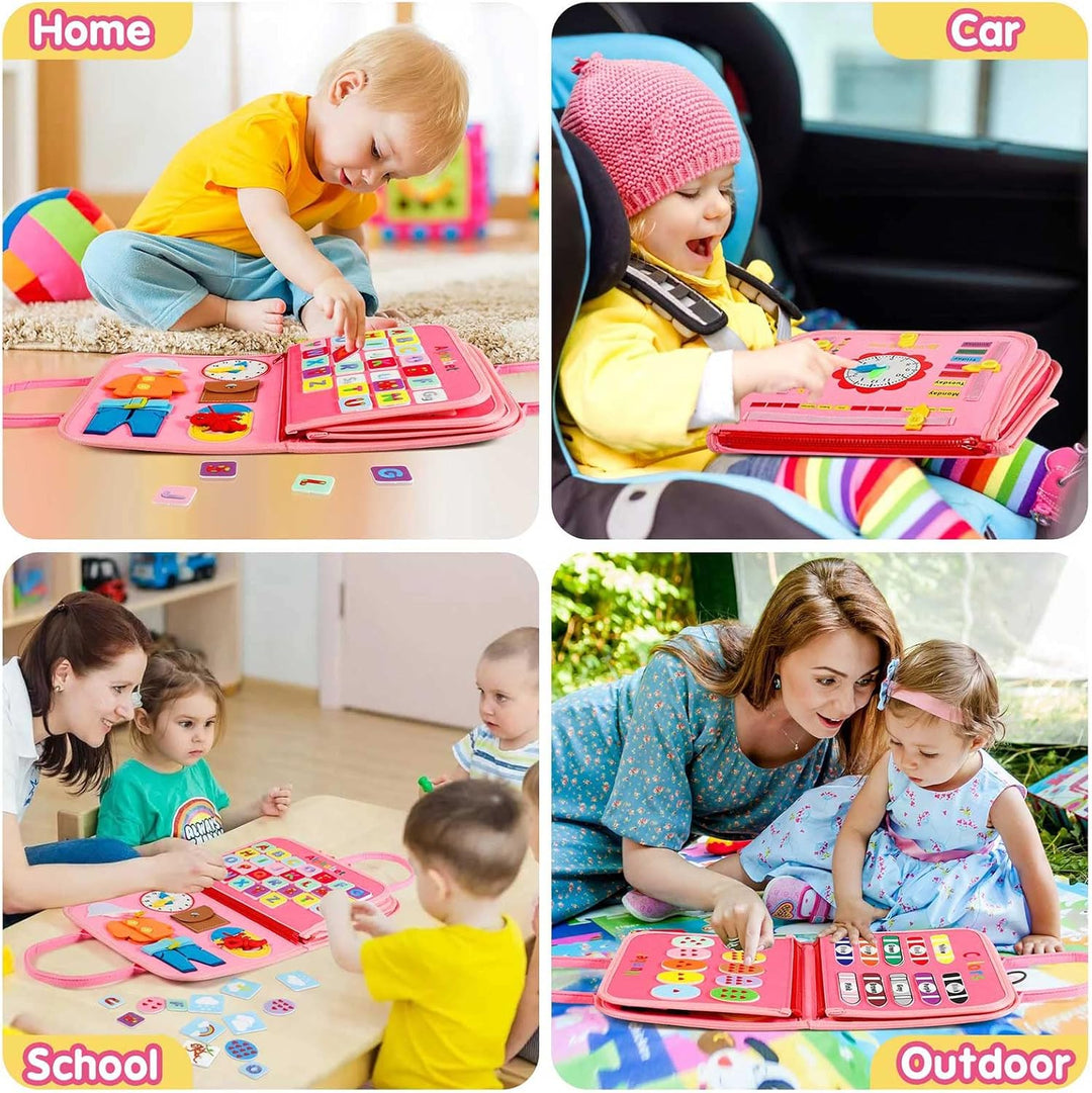 Peuter Montessori Drukbord speelgoed, educatief activiteitenboek voor kinderen, kleurrijk en veelzijdig leren en spelen.
