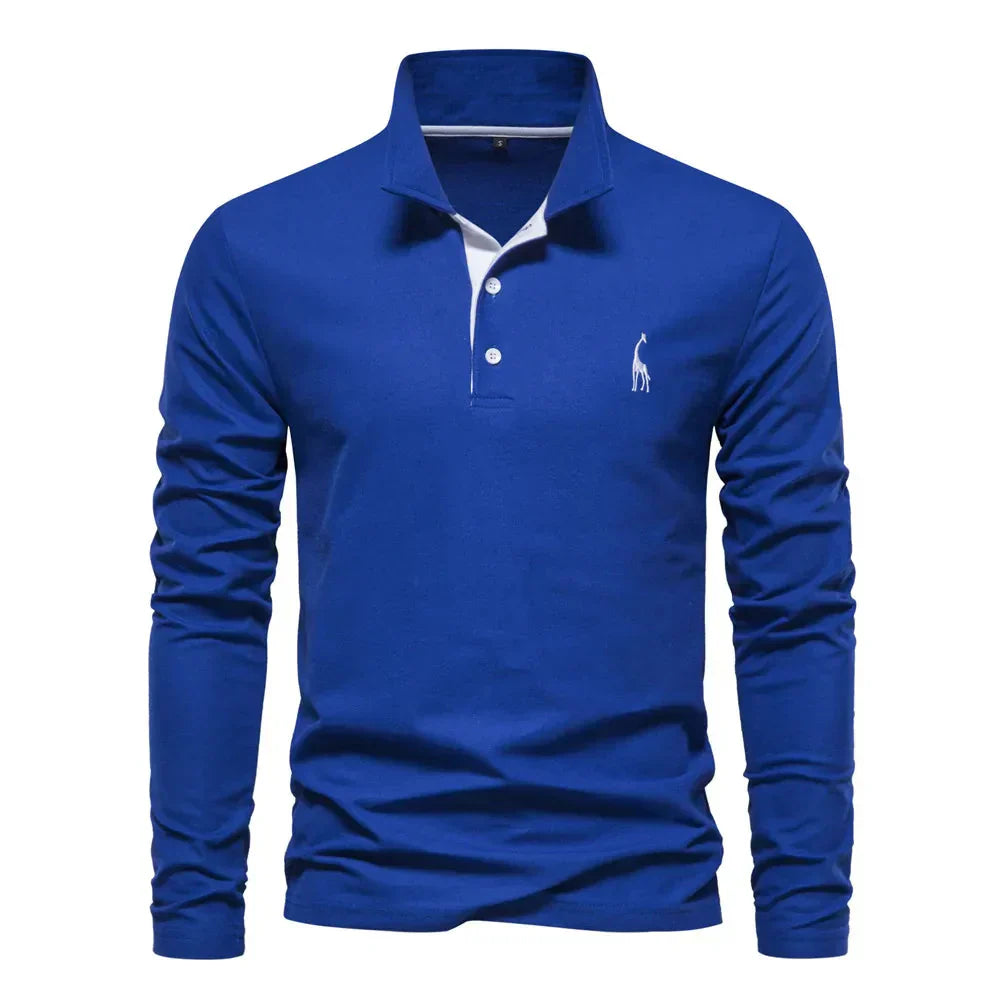 "Polo met lange mouwen voor heren, elegant borduursel, klassieke kraag, veelzijdig en comfortabel in marineblauw."