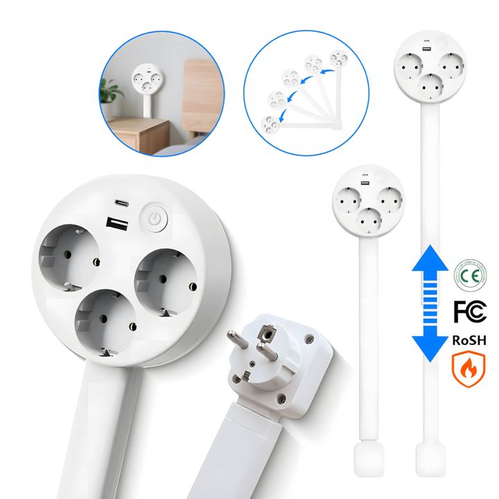 Detaillering van de PowerReach slimme stekkerdoos met USB-poorten, ideaal voor moderne technologie.