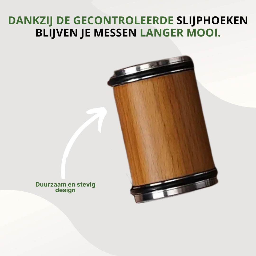 Hoogwaardig houten slijpsysteem dat elk mes vlijmscherp maakt, ideaal voor de culinaire keuken.